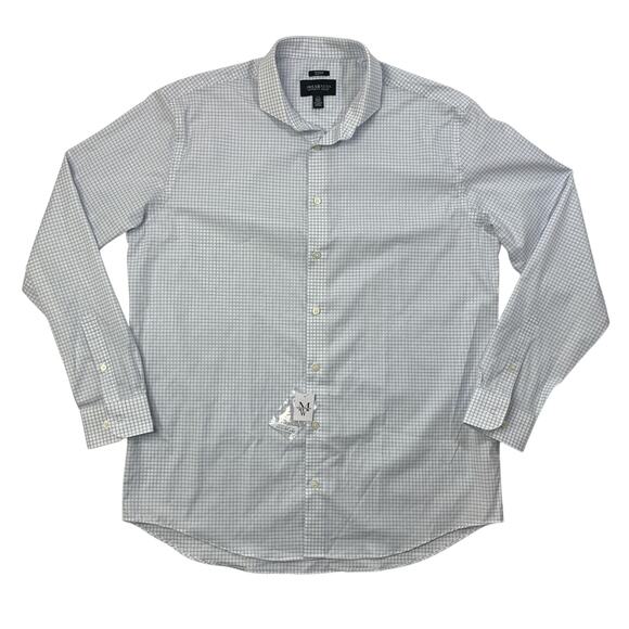 Kenneth Cole Shirt Mens 17.5 Tall White Blues Non-Iron SLIM Fit Plaid Awearness - Picture 1 of 12